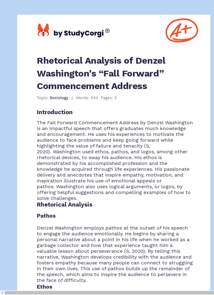 Rhetorical Analysis of Denzel Washington’s “Fall Forward” Commencement Address. Page 1