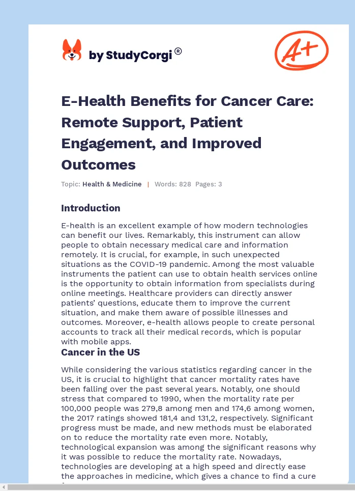 E-Health Benefits for Cancer Care: Remote Support, Patient Engagement, and Improved Outcomes. Page 1