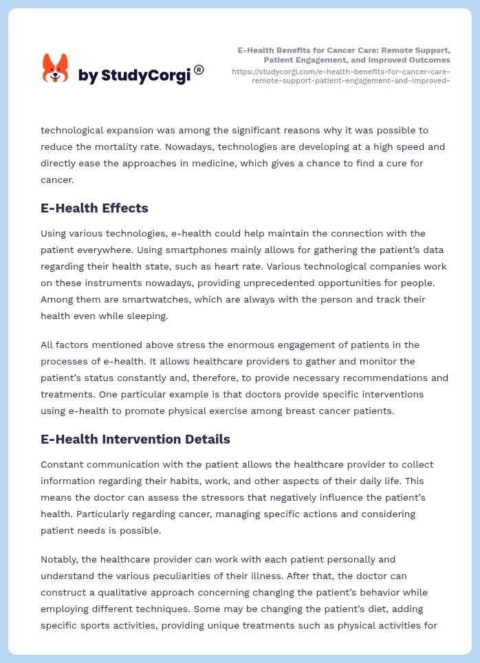 E-Health Benefits for Cancer Care: Remote Support, Patient Engagement, and Improved Outcomes. Page 2