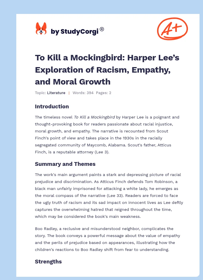To Kill a Mockingbird: Harper Lee’s Exploration of Racism, Empathy, and Moral Growth. Page 1