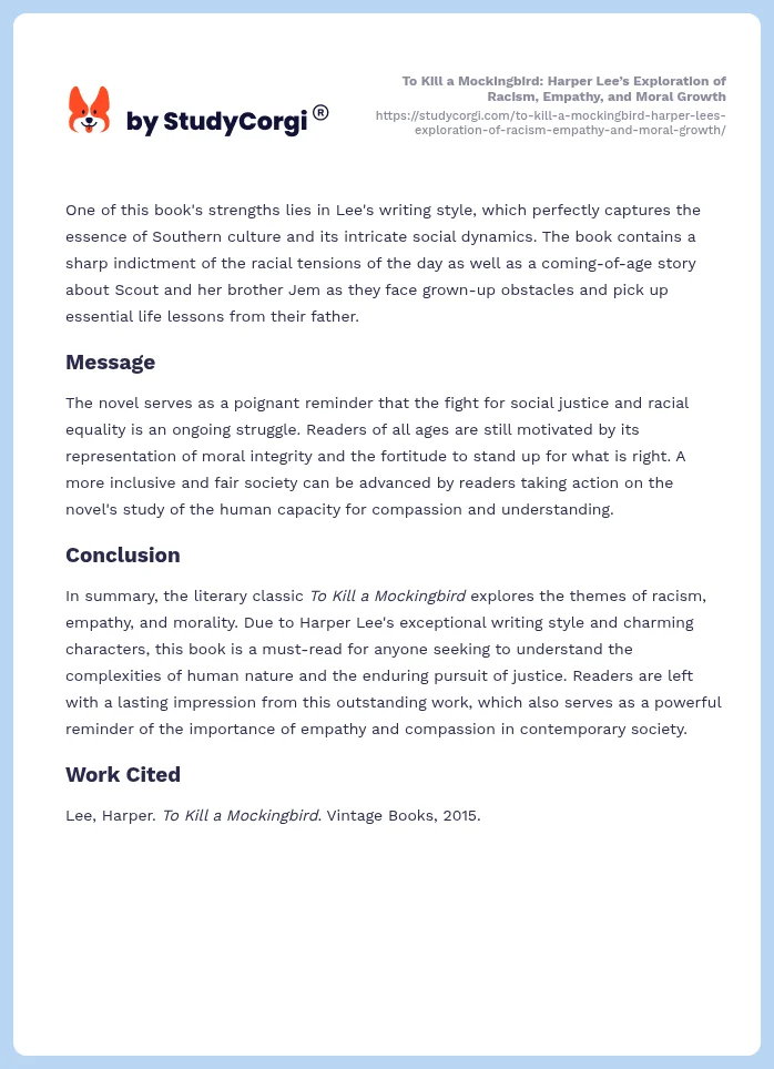 To Kill a Mockingbird: Harper Lee’s Exploration of Racism, Empathy, and Moral Growth. Page 2