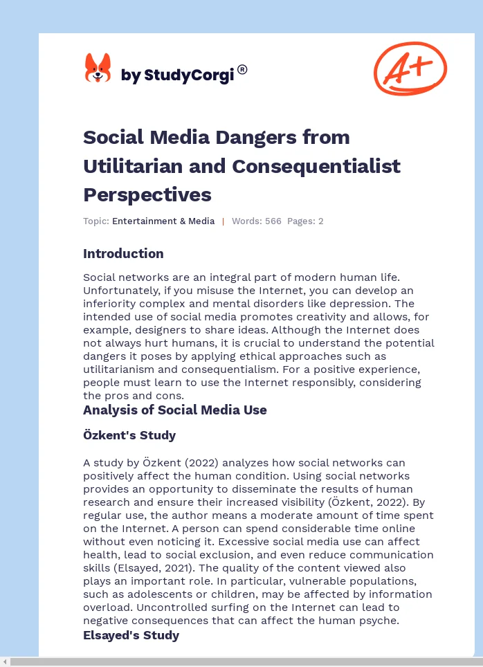 Social Media Dangers from Utilitarian and Consequentialist Perspectives. Page 1