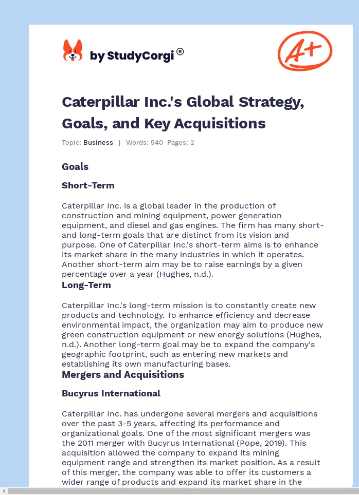 Caterpillar Inc.'s Global Strategy, Goals, and Key Acquisitions. Page 1