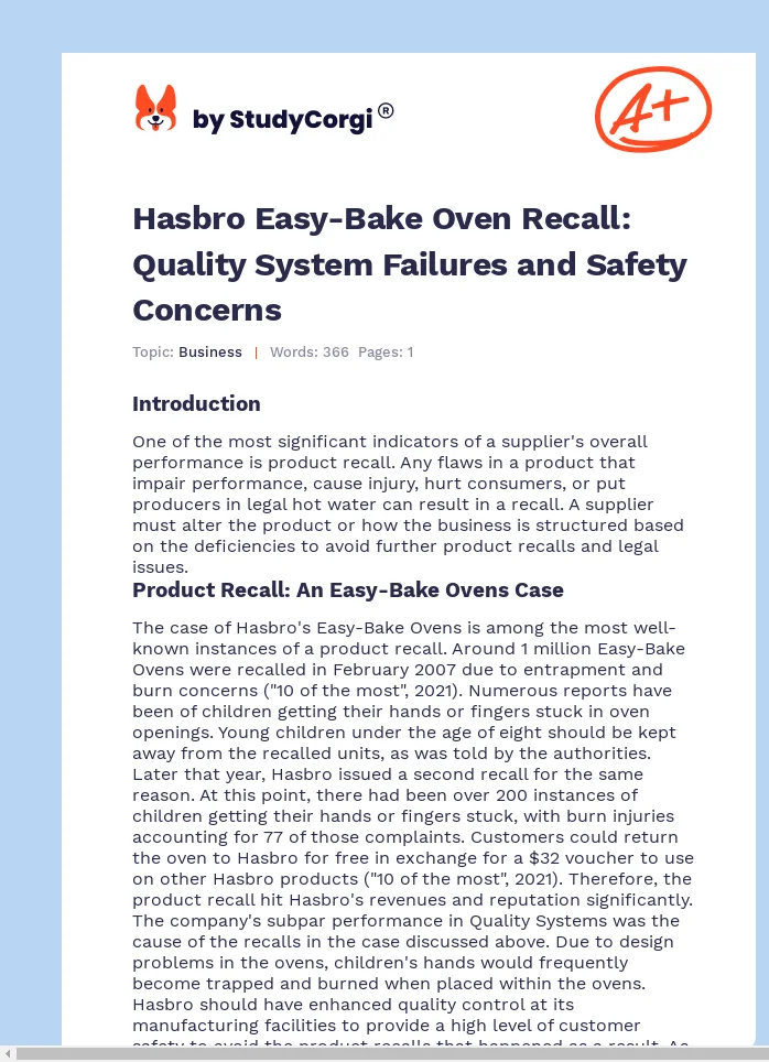 Hasbro Easy-Bake Oven Recall: Quality System Failures and Safety Concerns. Page 1