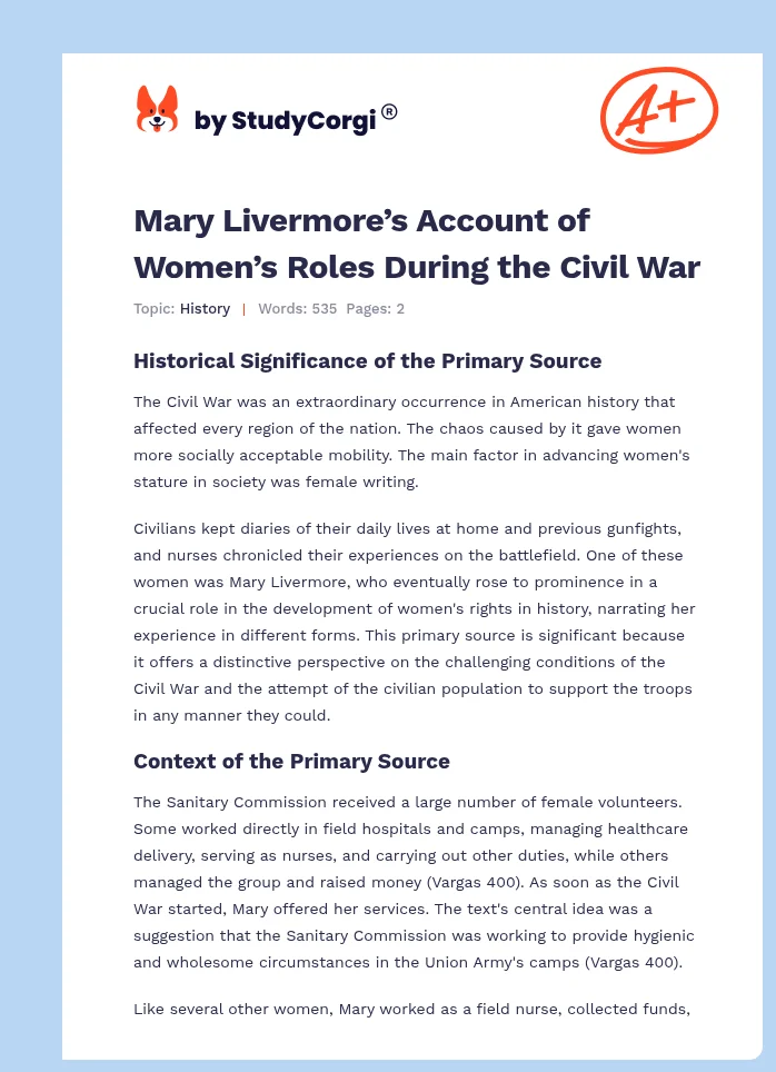 Mary Livermore’s Account of Women’s Roles During the Civil War. Page 1