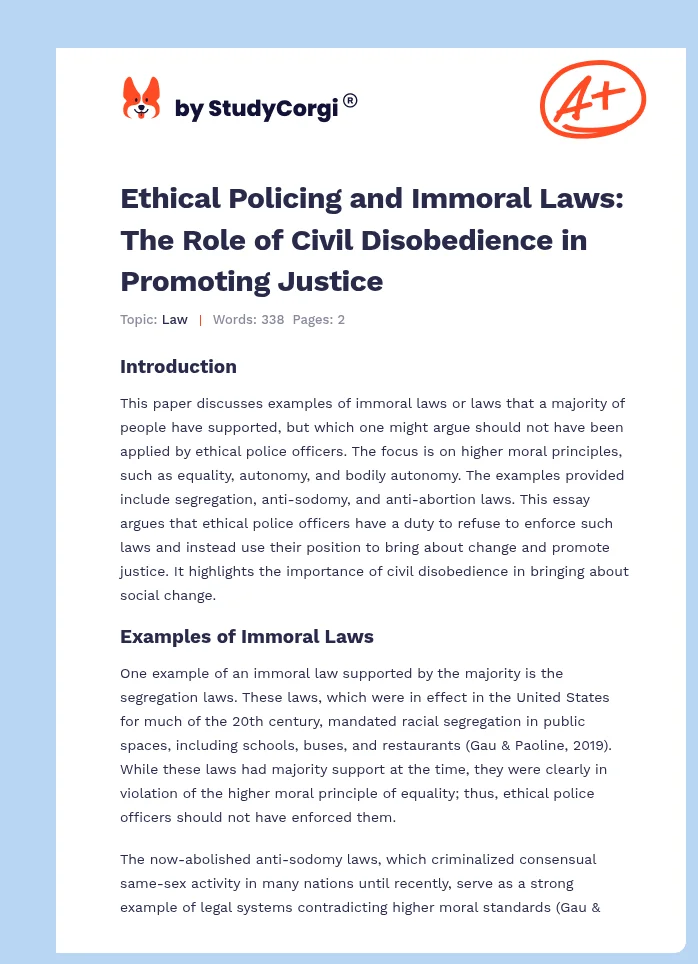 Ethical Policing and Immoral Laws: The Role of Civil Disobedience in Promoting Justice. Page 1