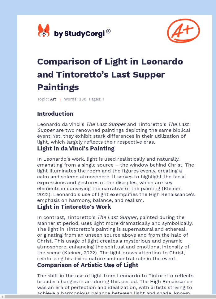 Comparison of Light in Leonardo and Tintoretto’s Last Supper Paintings. Page 1