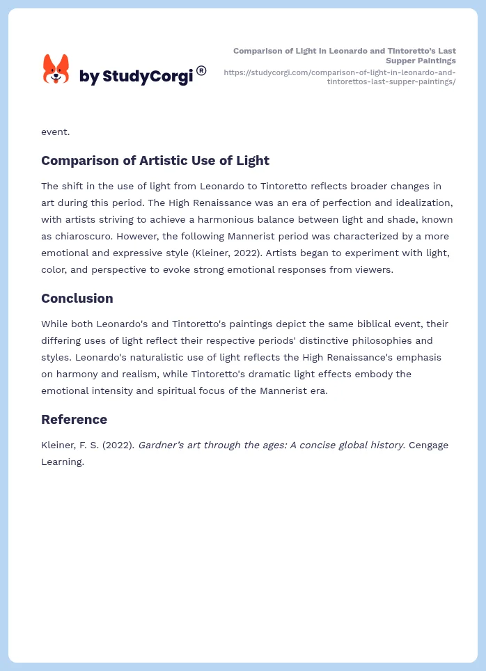 Comparison of Light in Leonardo and Tintoretto’s Last Supper Paintings. Page 2