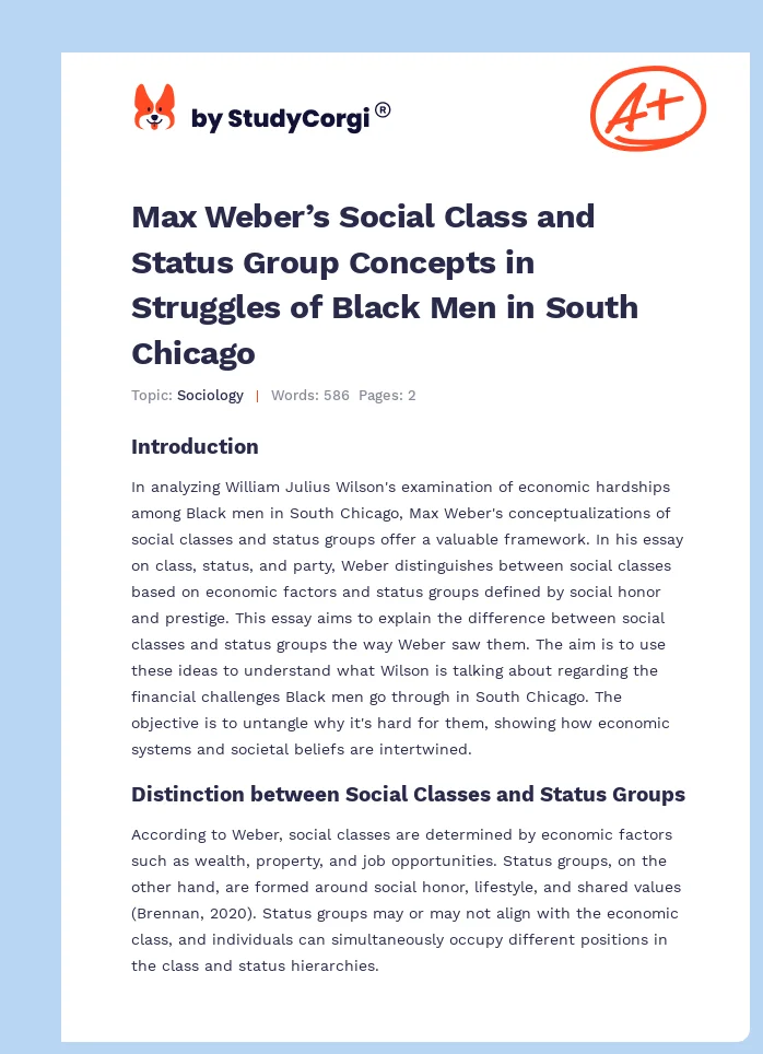 Max Weber’s Social Class and Status Group Concepts in Struggles of Black Men in South Chicago. Page 1
