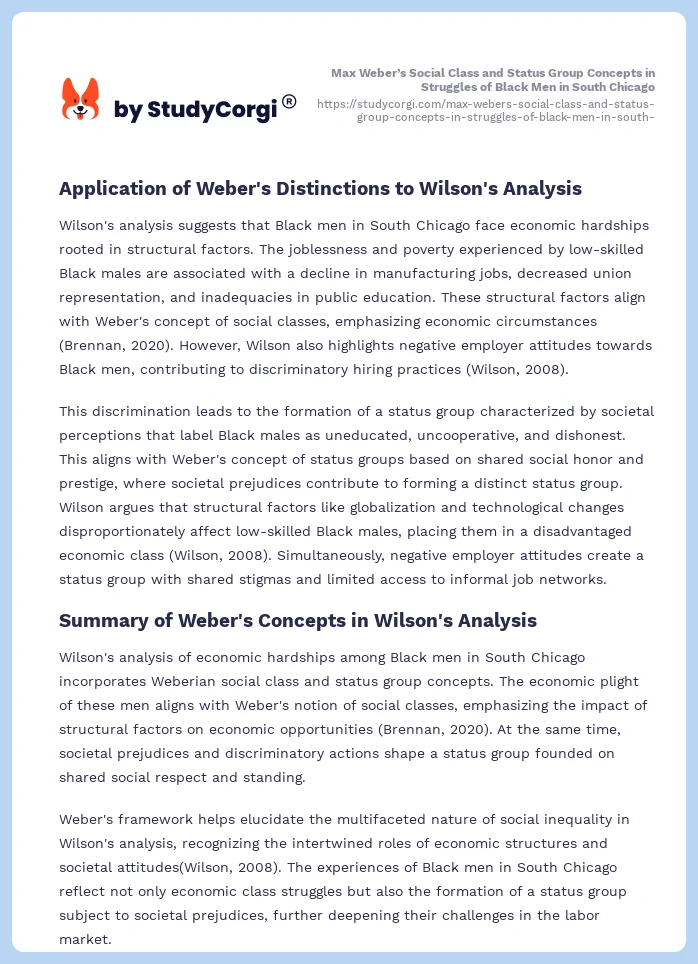 Max Weber’s Social Class and Status Group Concepts in Struggles of Black Men in South Chicago. Page 2