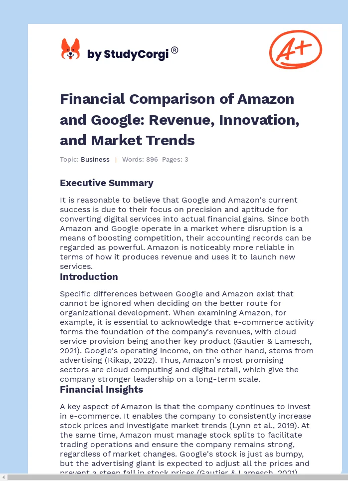Financial Comparison of Amazon and Google: Revenue, Innovation, and Market Trends. Page 1