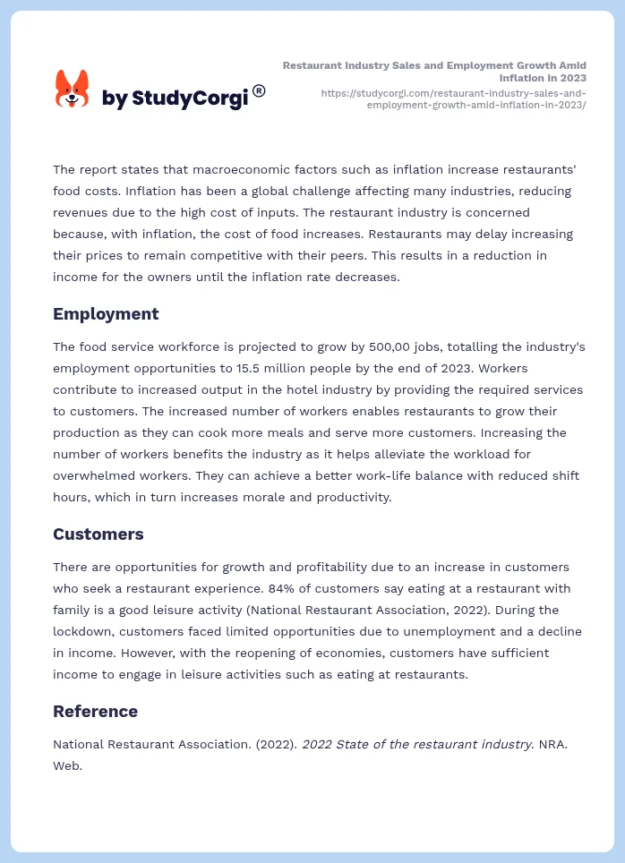 Restaurant Industry Sales and Employment Growth Amid Inflation in 2023. Page 2