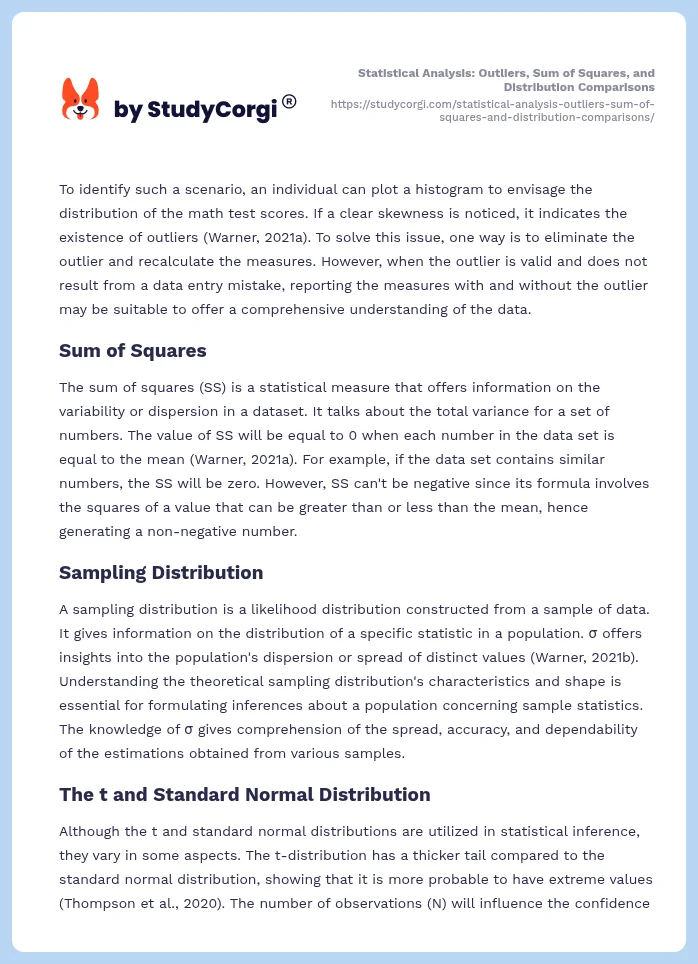 Statistical Analysis: Outliers, Sum of Squares, and Distribution Comparisons. Page 2
