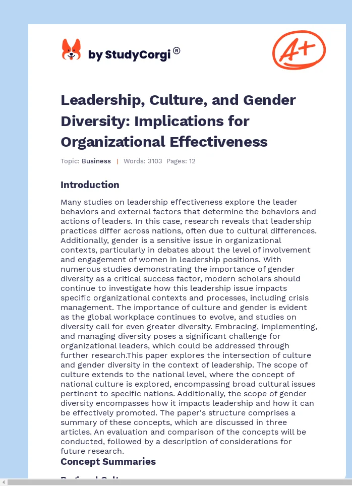 Leadership, Culture, and Gender Diversity: Implications for Organizational Effectiveness. Page 1