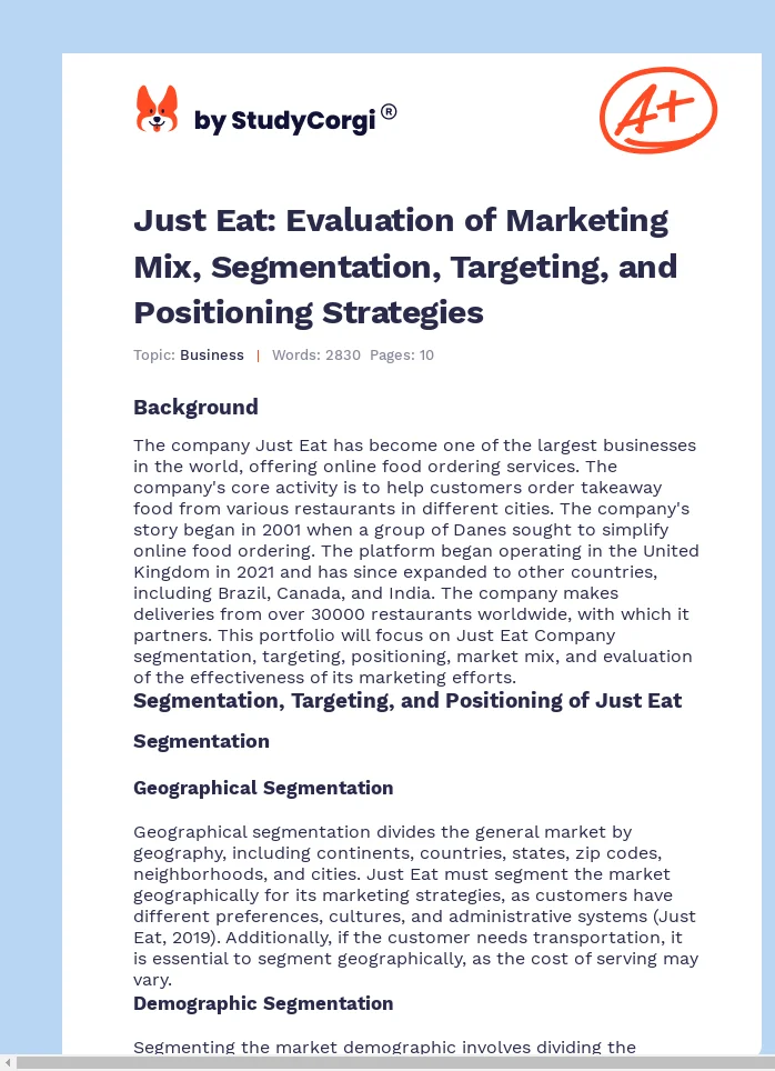 Just Eat: Evaluation of Marketing Mix, Segmentation, Targeting, and Positioning Strategies. Page 1