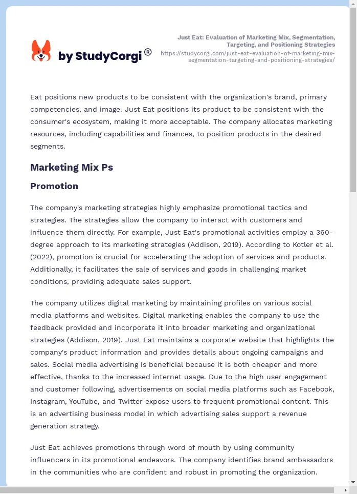 Just Eat: Evaluation of Marketing Mix, Segmentation, Targeting, and Positioning Strategies. Page 2