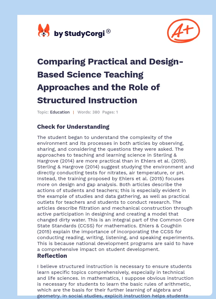 Comparing Practical and Design-Based Science Teaching Approaches and the Role of Structured Instruction. Page 1