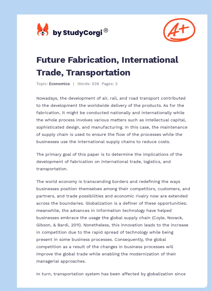Future Fabrication, International Trade, Transportation. Page 1
