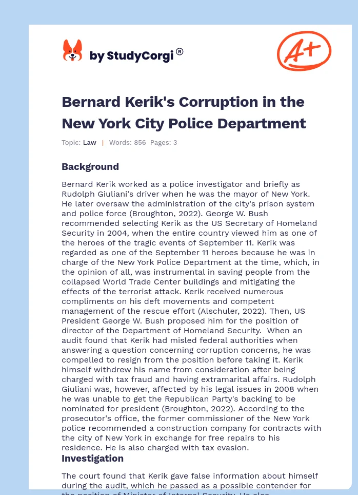 Bernard Kerik's Corruption in the New York City Police Department. Page 1
