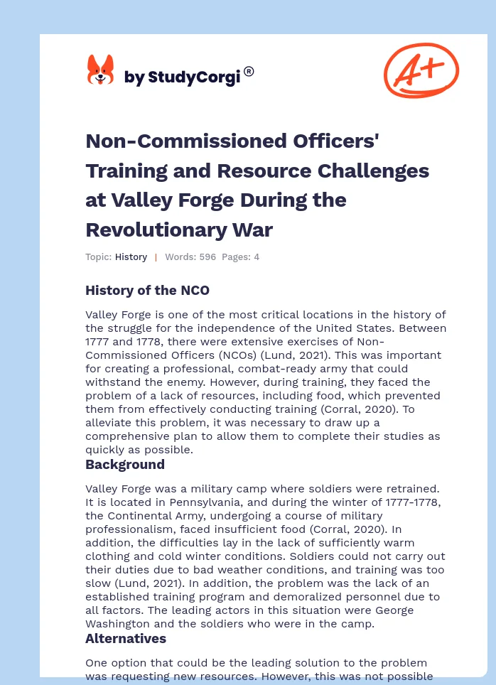 Non-Commissioned Officers' Training and Resource Challenges at Valley Forge During the Revolutionary War. Page 1