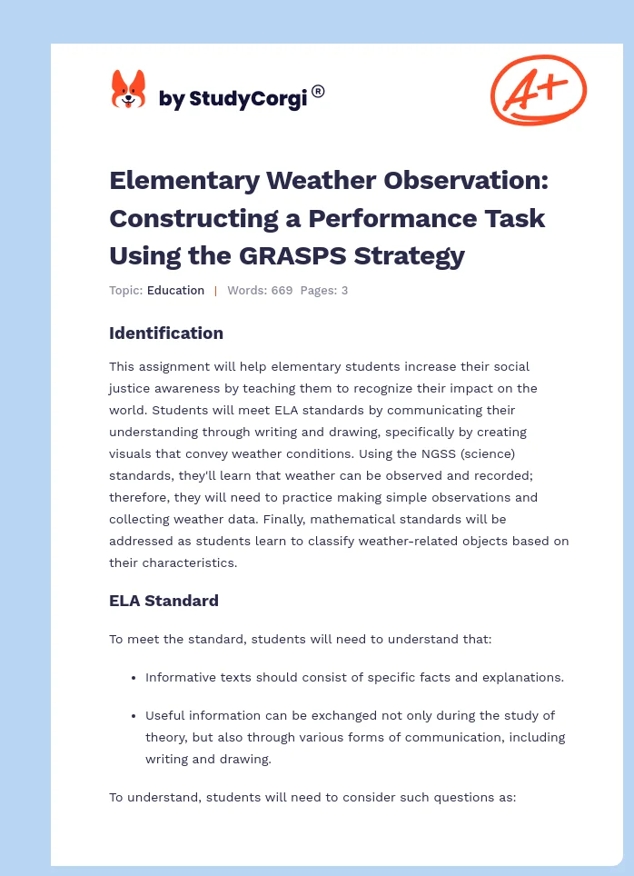 Elementary Weather Observation: Constructing a Performance Task Using the GRASPS Strategy. Page 1