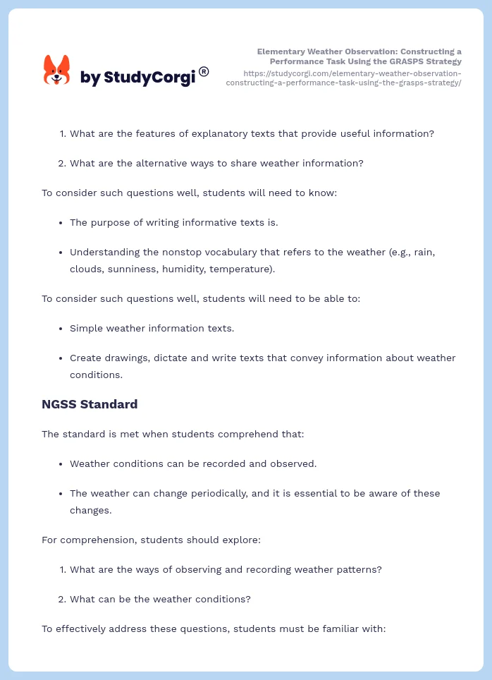 Elementary Weather Observation: Constructing a Performance Task Using the GRASPS Strategy. Page 2