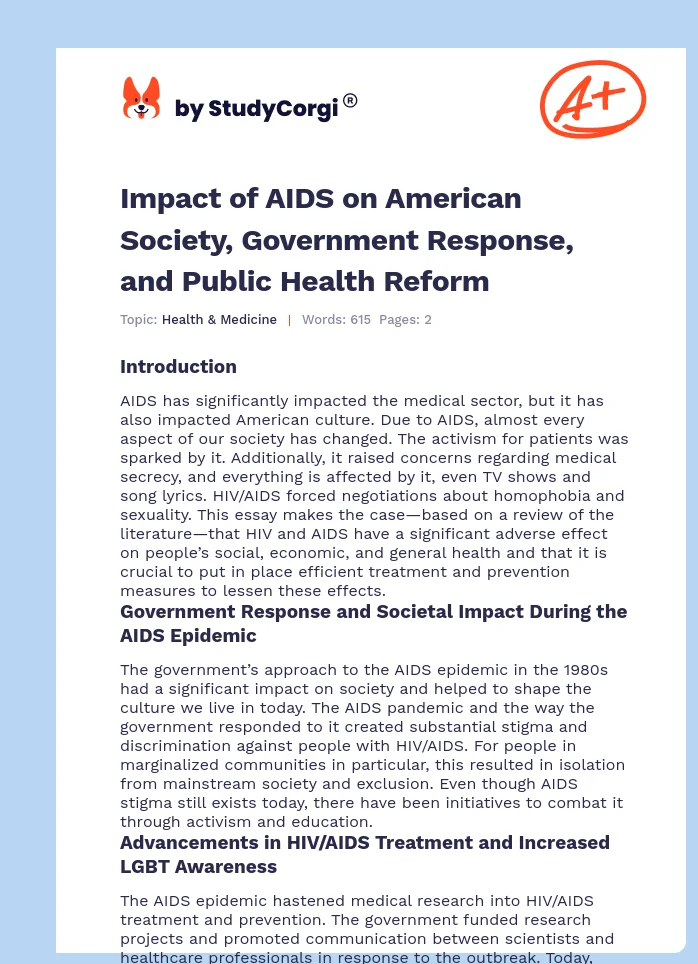 Impact of AIDS on American Society, Government Response, and Public Health Reform. Page 1