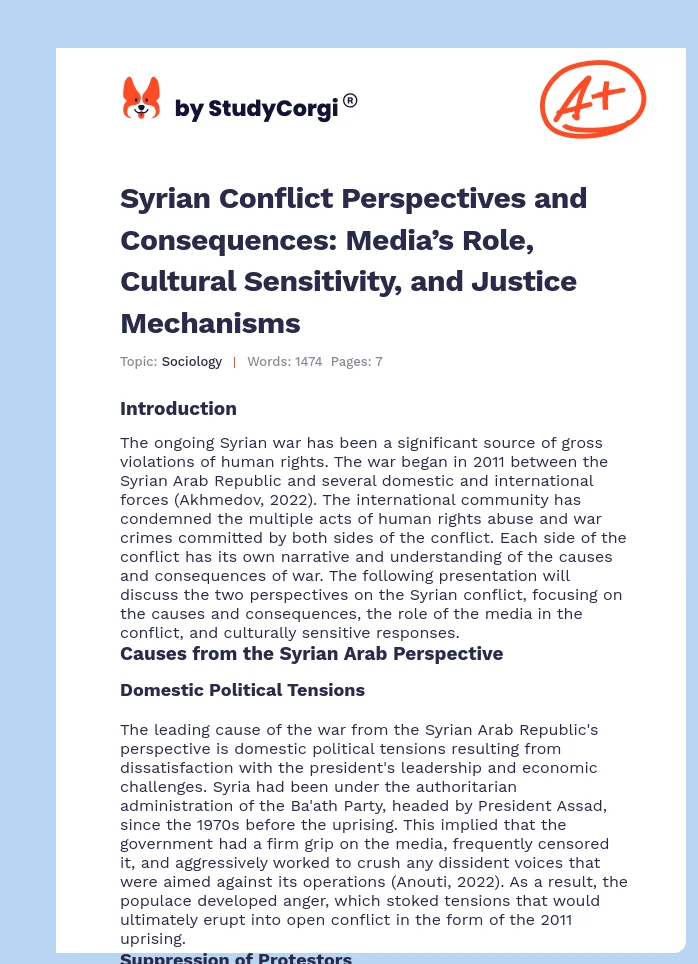 Syrian Conflict Perspectives and Consequences: Media’s Role, Cultural Sensitivity, and Justice Mechanisms. Page 1