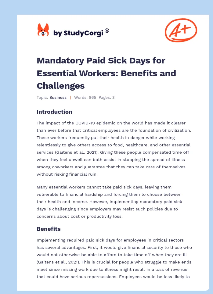 Mandatory Paid Sick Days for Essential Workers: Benefits and Challenges. Page 1