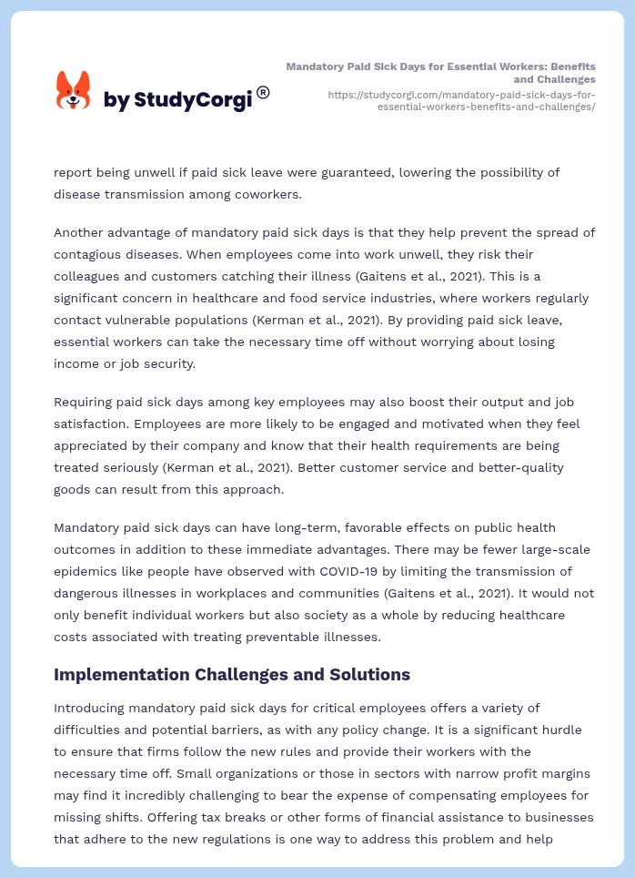 Mandatory Paid Sick Days for Essential Workers: Benefits and Challenges. Page 2