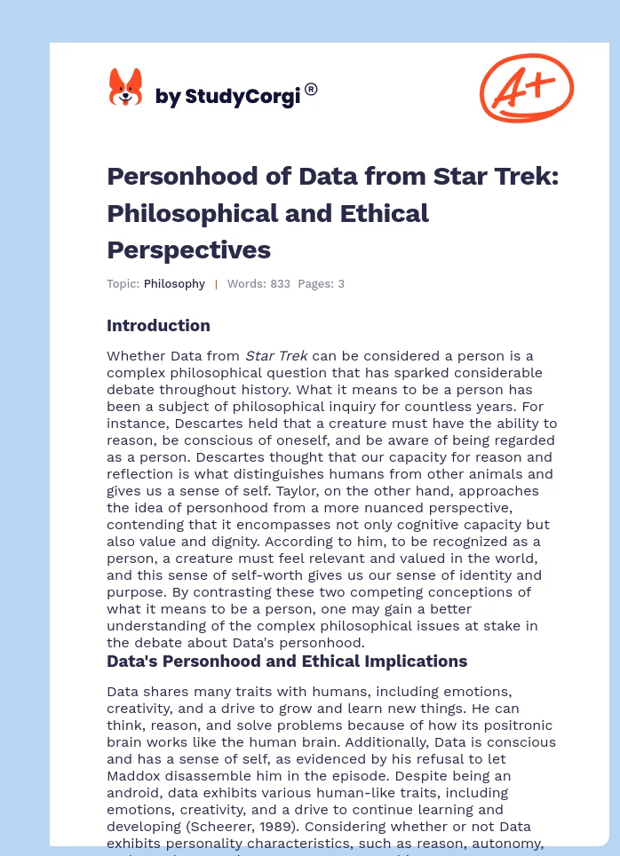 Personhood of Data from Star Trek: Philosophical and Ethical Perspectives. Page 1