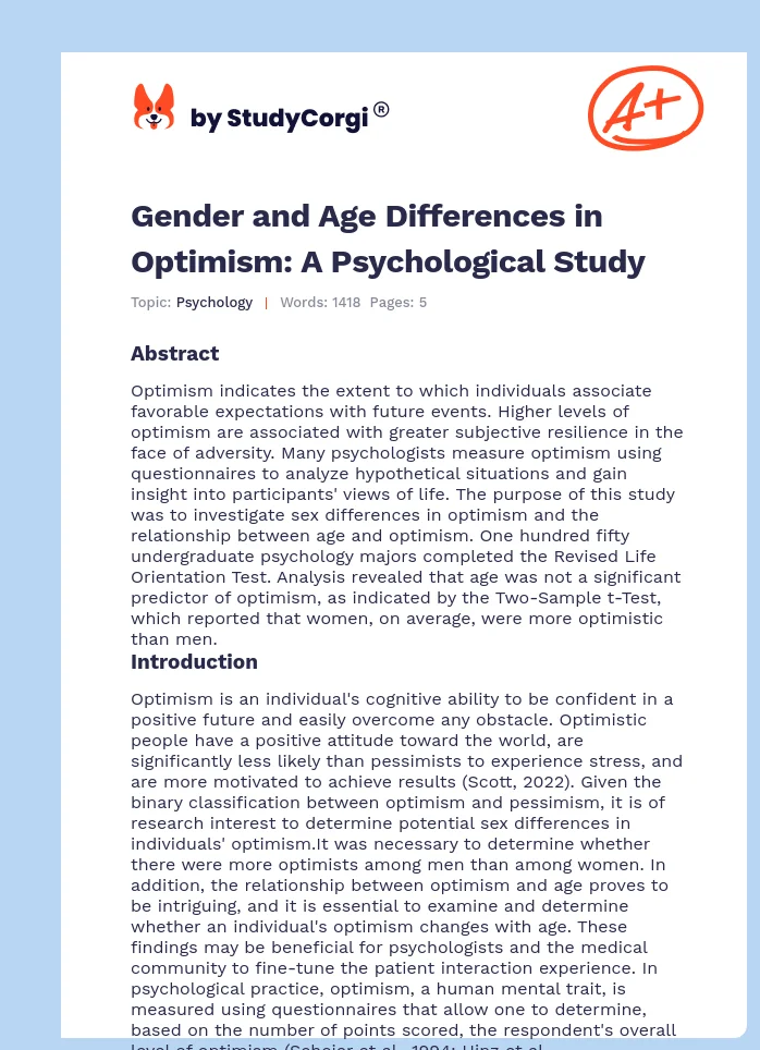 Gender and Age Differences in Optimism: A Psychological Study. Page 1