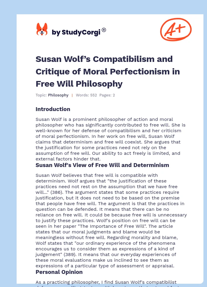 Susan Wolf’s Compatibilism and Critique of Moral Perfectionism in Free Will Philosophy. Page 1