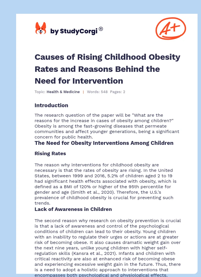 Causes of Rising Childhood Obesity Rates and Reasons Behind the Need for Intervention. Page 1