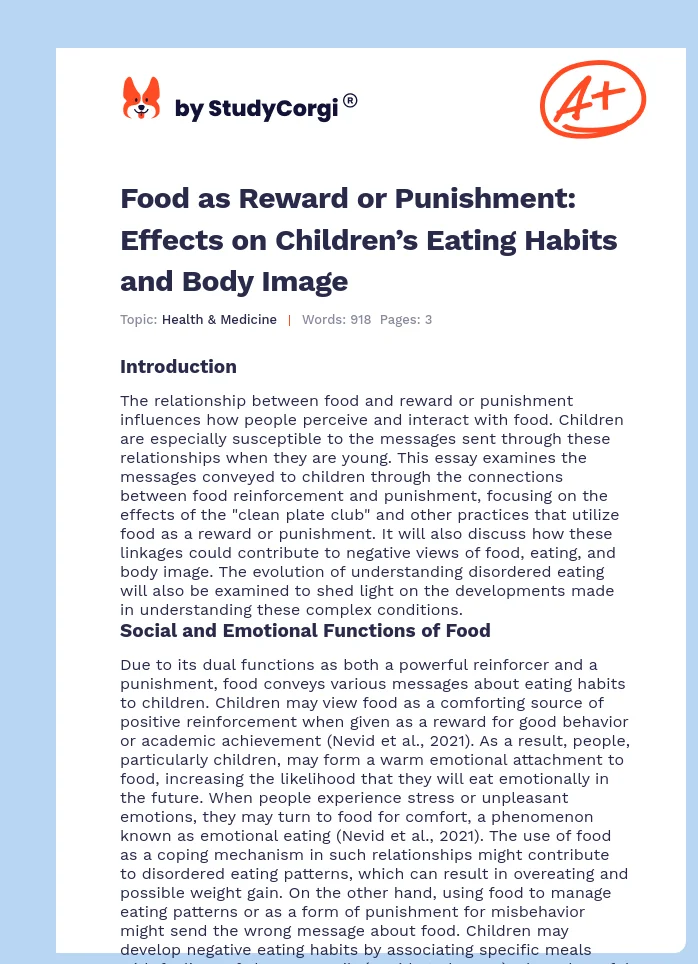 Food as Reward or Punishment: Effects on Children’s Eating Habits and Body Image. Page 1