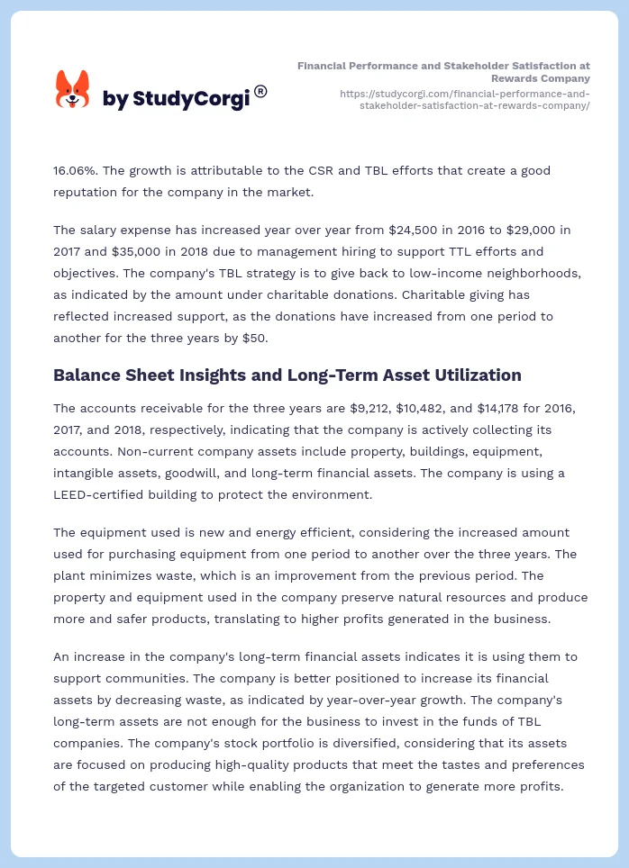 Financial Performance and Stakeholder Satisfaction at Rewards Company. Page 2