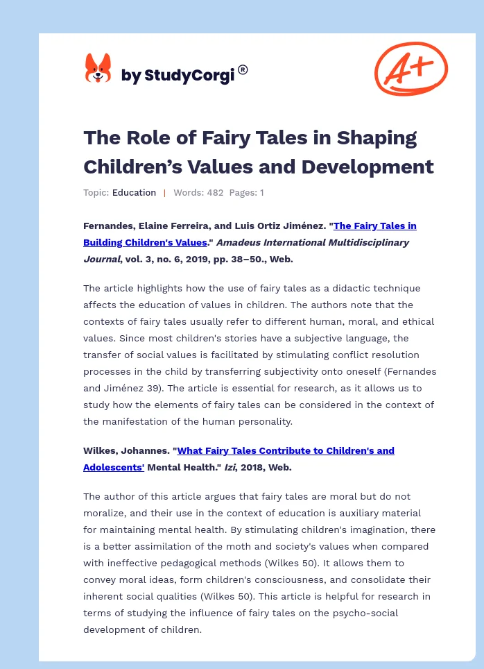 The Role of Fairy Tales in Shaping Children’s Values and Development. Page 1