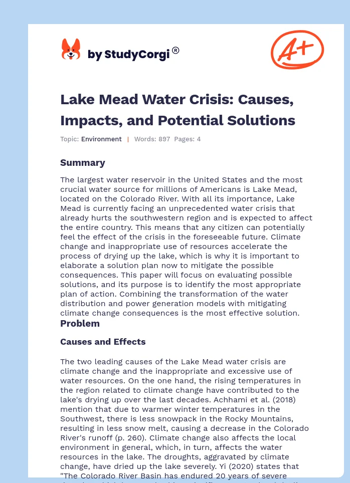 Lake Mead Water Crisis: Causes, Impacts, and Potential Solutions. Page 1
