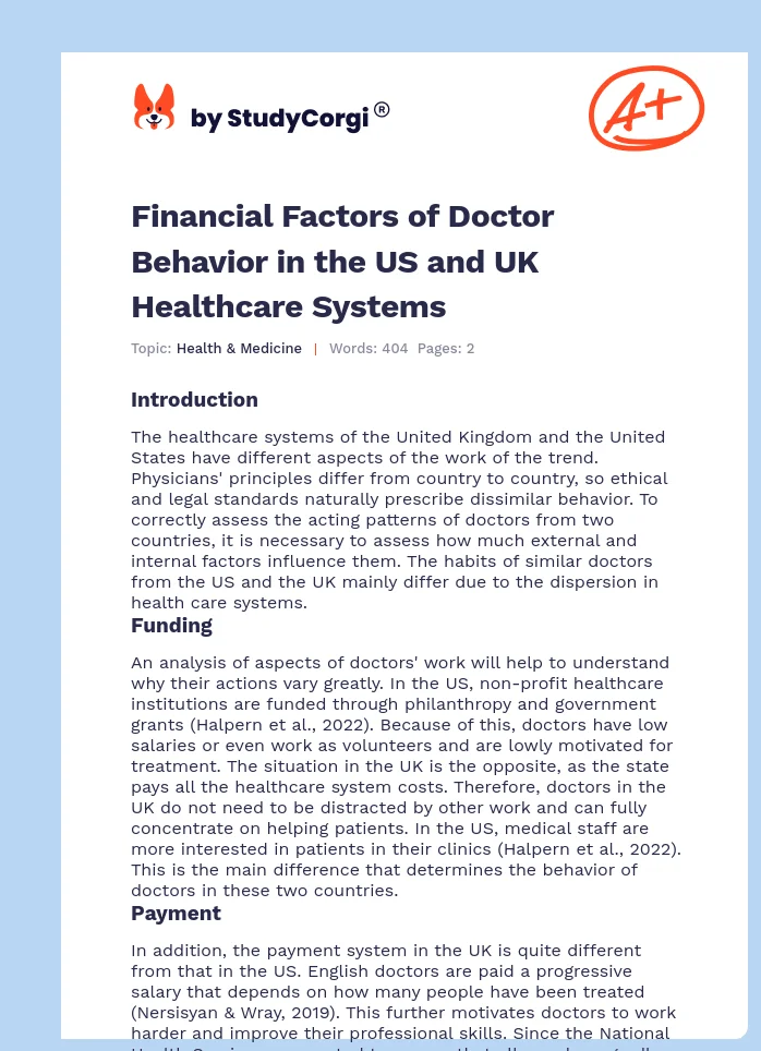 Financial Factors of Doctor Behavior in the US and UK Healthcare Systems. Page 1