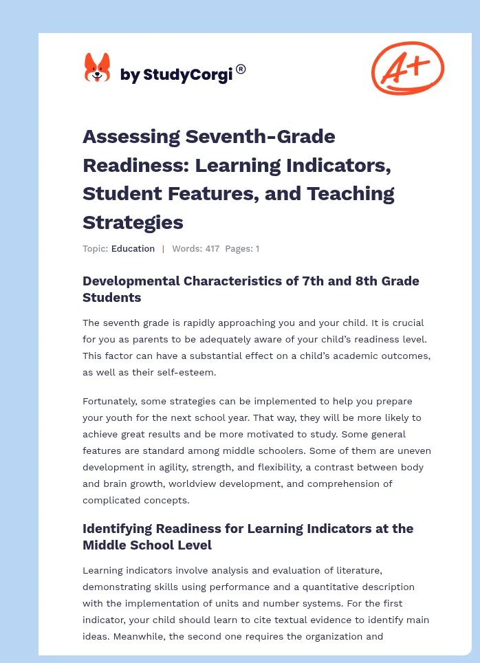 Assessing Seventh-Grade Readiness: Learning Indicators, Student Features, and Teaching Strategies. Page 1