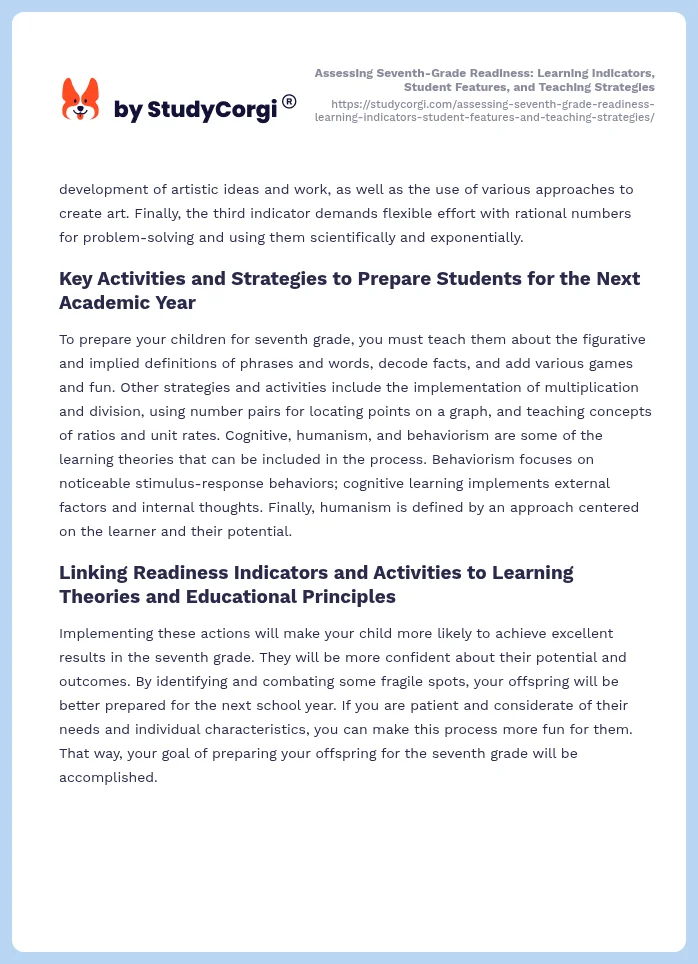 Assessing Seventh-Grade Readiness: Learning Indicators, Student Features, and Teaching Strategies. Page 2