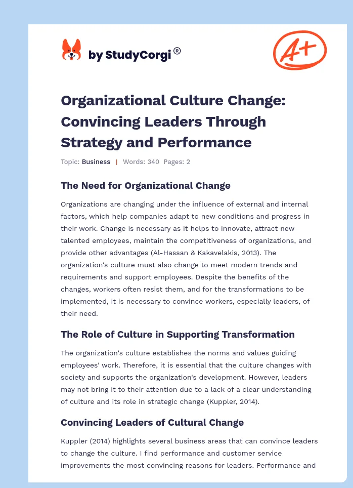 Organizational Culture Change: Convincing Leaders Through Strategy and Performance. Page 1