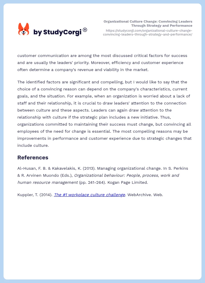 Organizational Culture Change: Convincing Leaders Through Strategy and Performance. Page 2