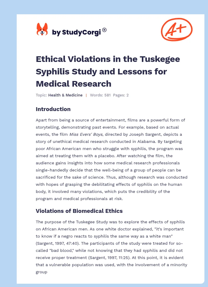 Ethical Violations in the Tuskegee Syphilis Study and Lessons for Medical Research. Page 1