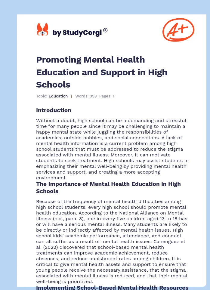 Promoting Mental Health Education and Support in High Schools. Page 1