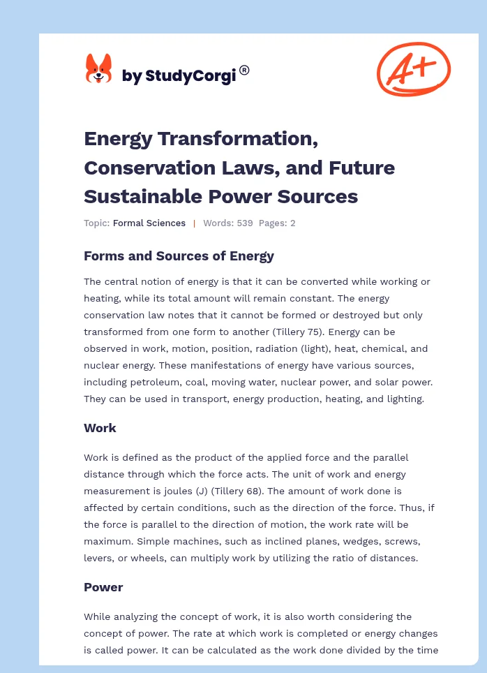 Energy Transformation, Conservation Laws, and Future Sustainable Power Sources. Page 1