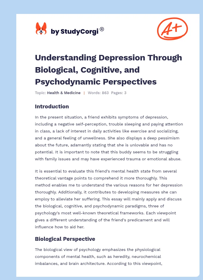 Understanding Depression Through Biological, Cognitive, and Psychodynamic Perspectives. Page 1