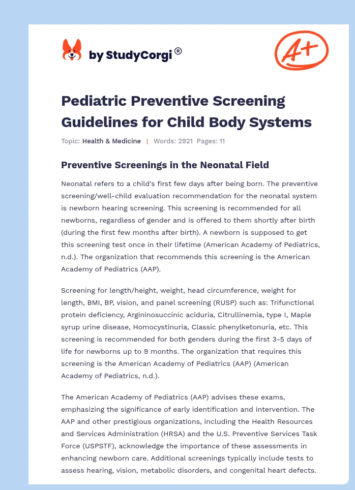 Pediatric Preventive Screening Guidelines for Child Body Systems. Page 1