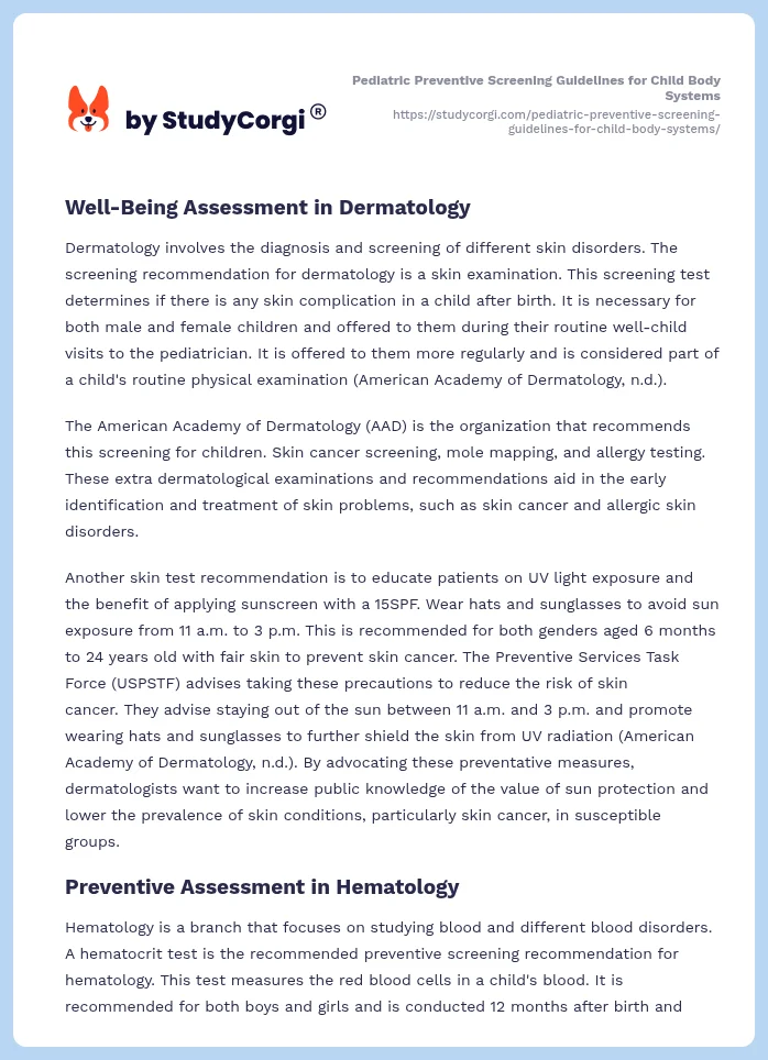 Pediatric Preventive Screening Guidelines for Child Body Systems. Page 2
