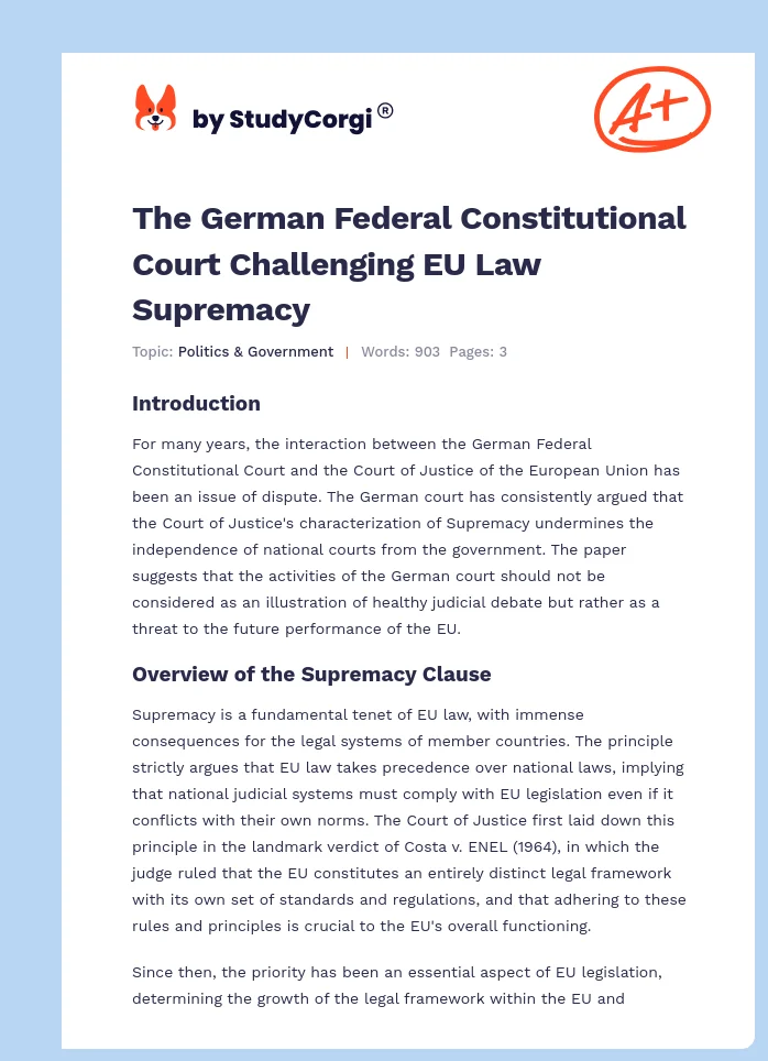 The German Federal Constitutional Court Challenging EU Law Supremacy. Page 1